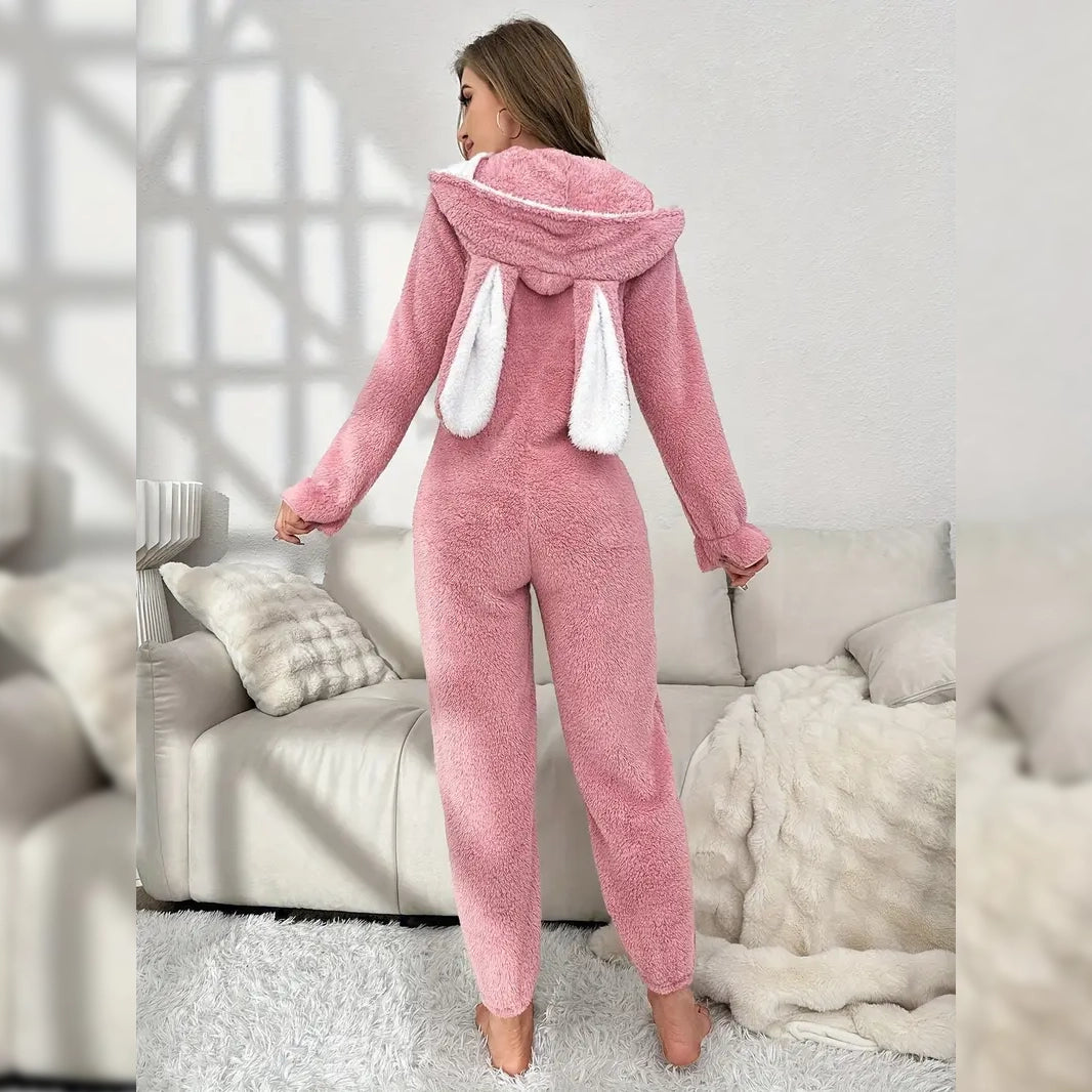 Cute Bunny Fuzzy Hooded Night Jumpsuit Get Authentic