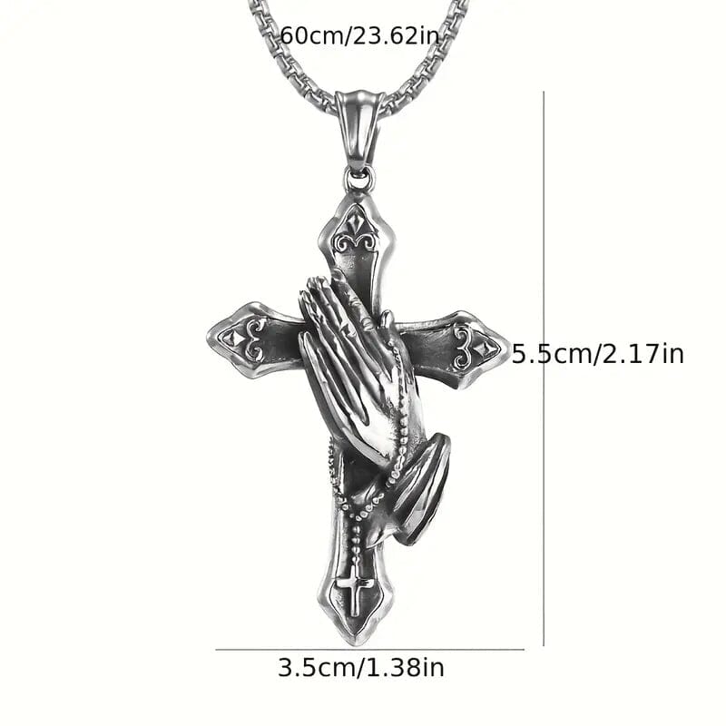 Men's Stainless Steel Prayer Hand and Cross Pendant Necklace Clearance Latest